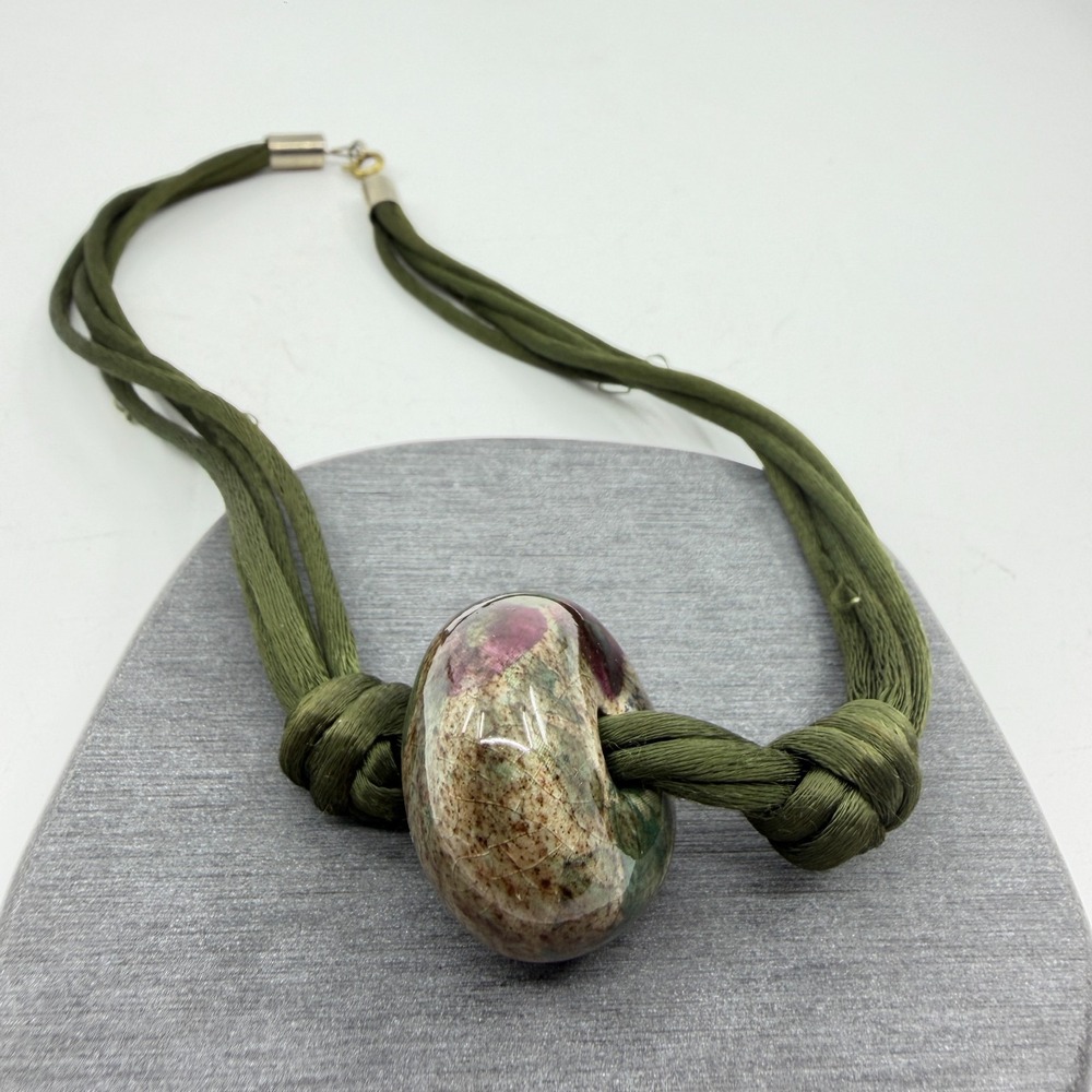 Olive Green Multi Strand Cord Necklace Floral Resin Pendant Boho Statement